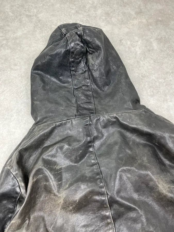 Giorgio Brato Asymmetrical Zip Black Hooded Leather Jacket BUtKzkj 5