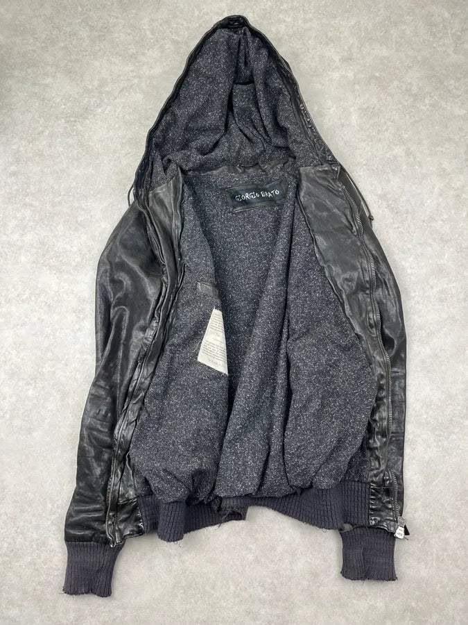 Giorgio Brato Asymmetrical Zip Black Hooded Leather Jacket BUtKzkj 6