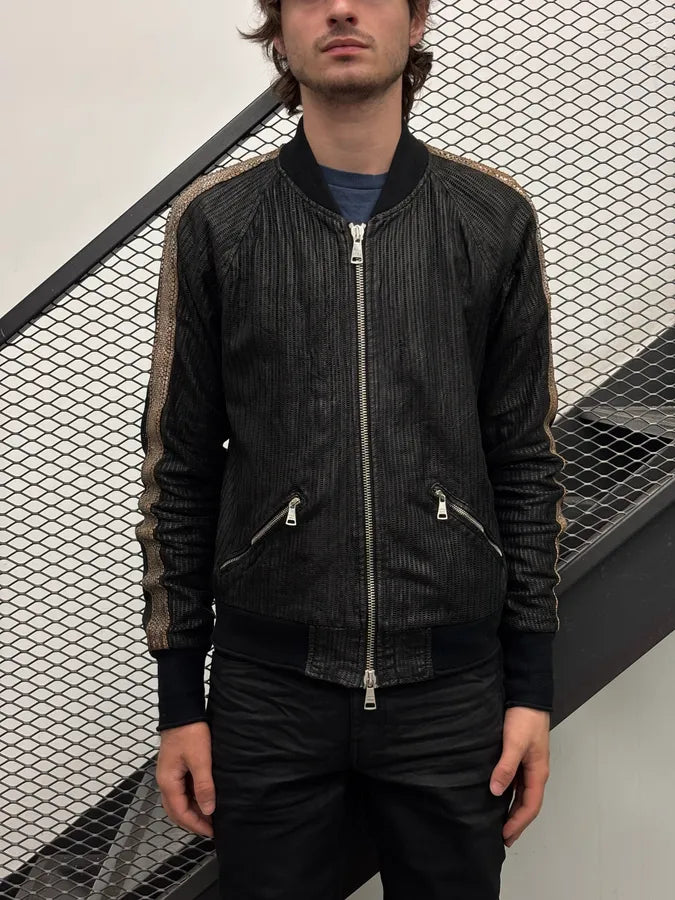 Giorgio Brato Black Leather Contrast Stripe Bomber Jacket dkfdNAC 1