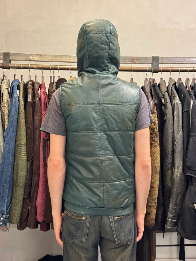 Giorgio Brato Sleeveless Hooded Green Leather Vest Jacket uZUXuXd 2