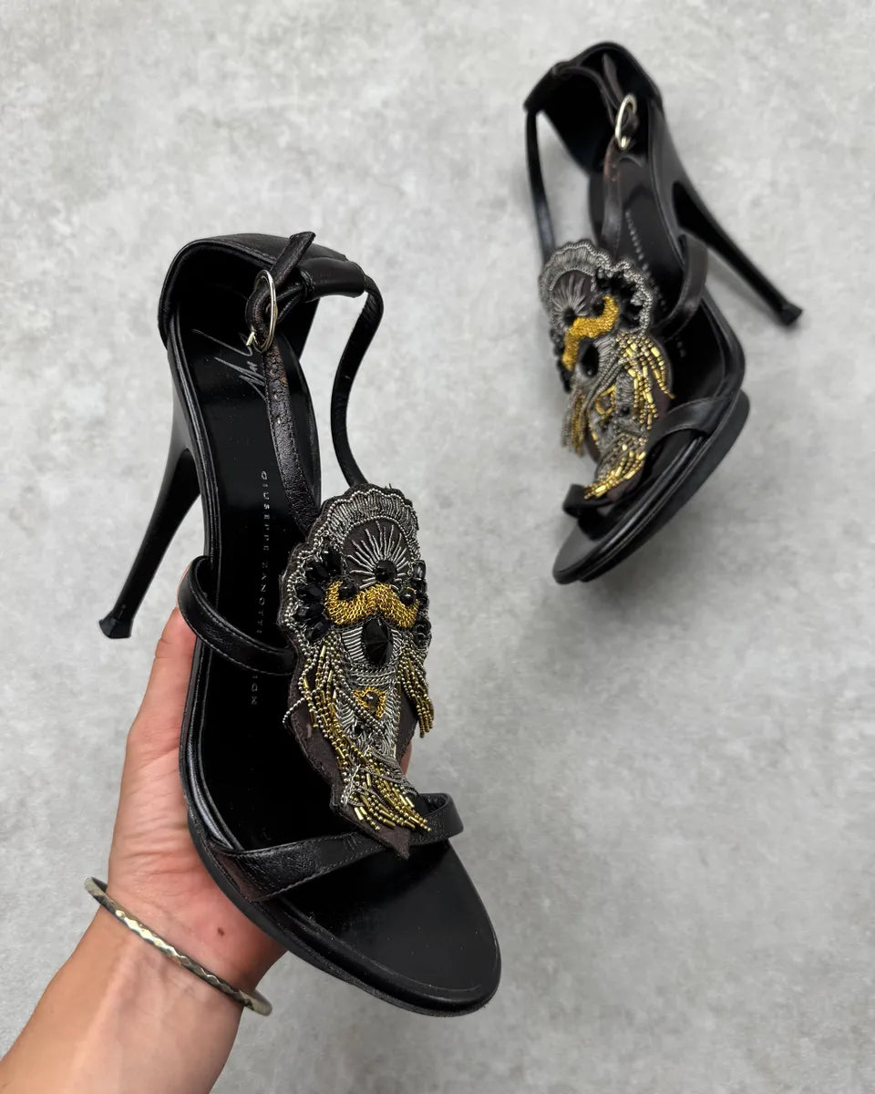 Giuseppe Zanotti Black Leather Beaded Lion Heels RUyXfac 0