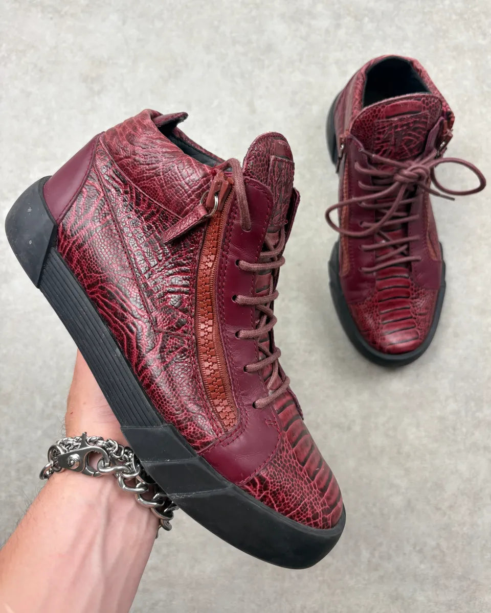Giuseppe Zanotti Bordeaux Leather Embossed Exotic Dual Zip High Sneakers MkzPWEZ 0