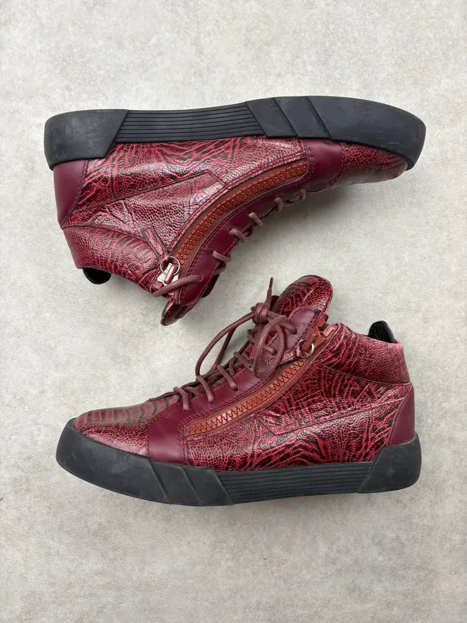 Giuseppe Zanotti Bordeaux Leather Embossed Exotic Dual Zip High Sneakers MkzPWEZ 3