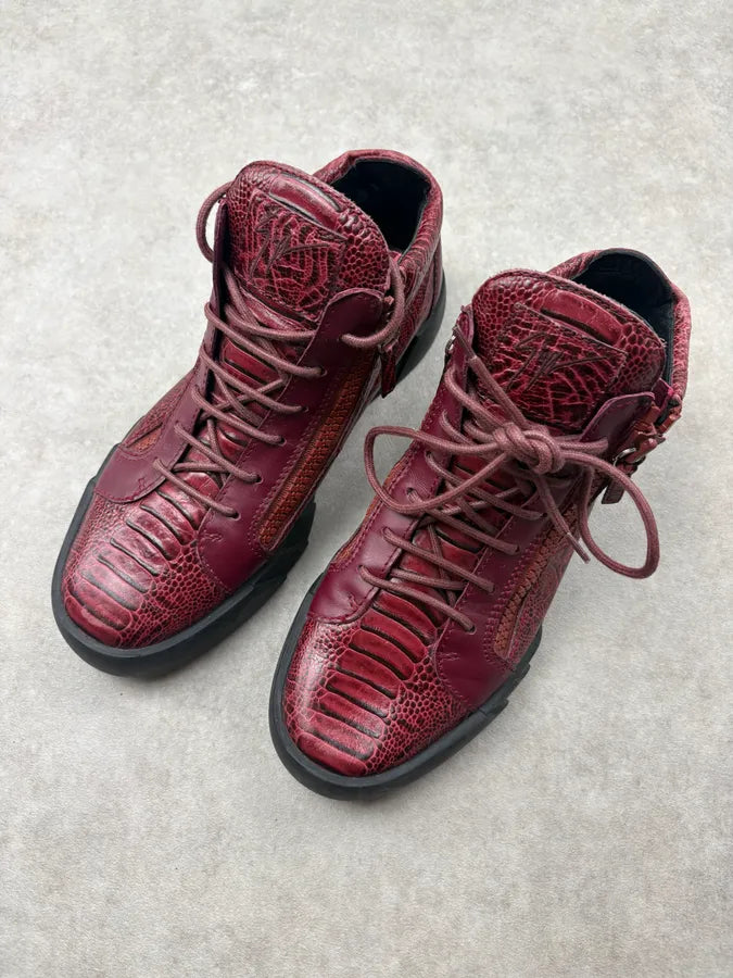 Giuseppe Zanotti Bordeaux Leather Embossed Exotic Dual Zip High Sneakers MkzPWEZ 2