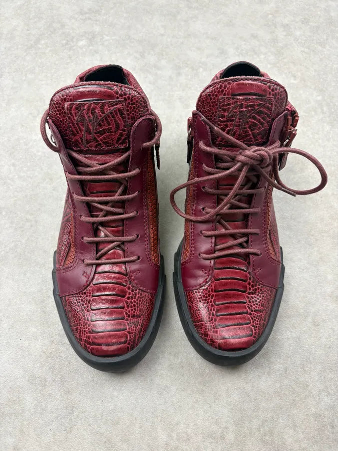 Giuseppe Zanotti Bordeaux Leather Embossed Exotic Dual Zip High Sneakers MkzPWEZ 1