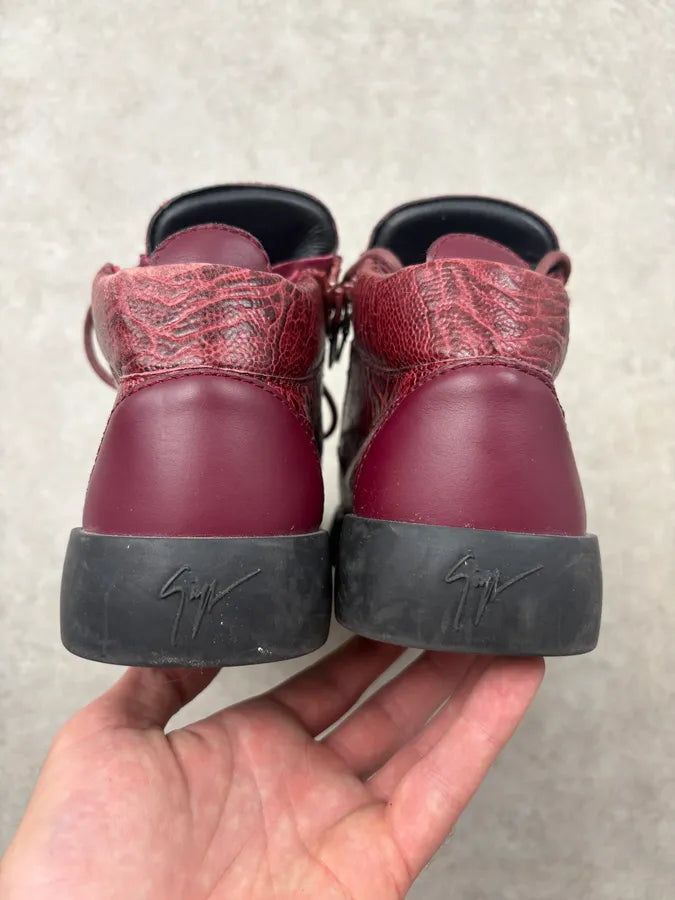 Giuseppe Zanotti Bordeaux Leather Embossed Exotic Dual Zip High Sneakers MkzPWEZ 6