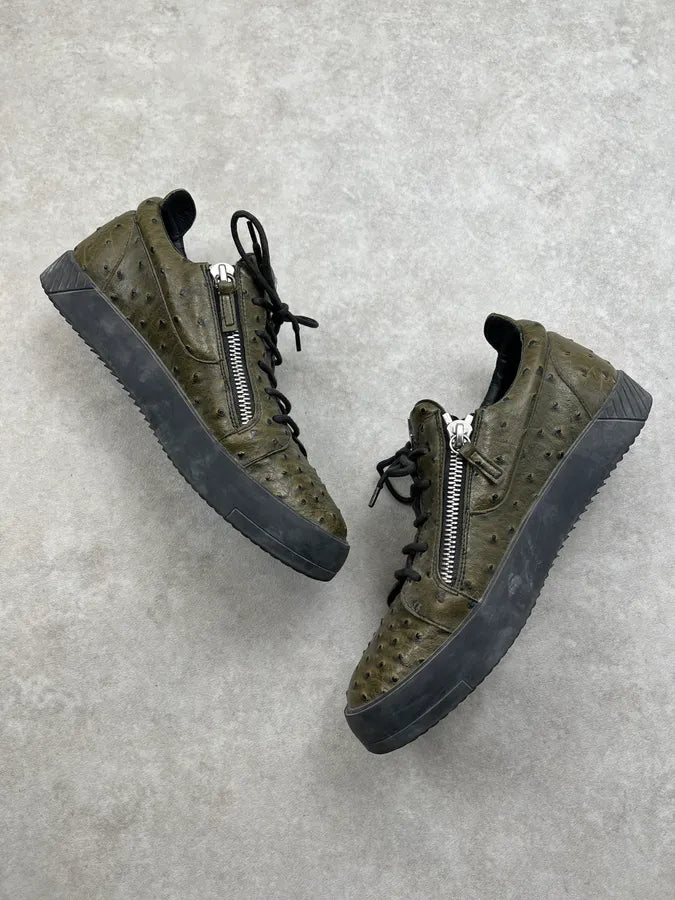 Giuseppe Zanotti Olive Ostrich Leather Zip Sneakers bKdINDc 1