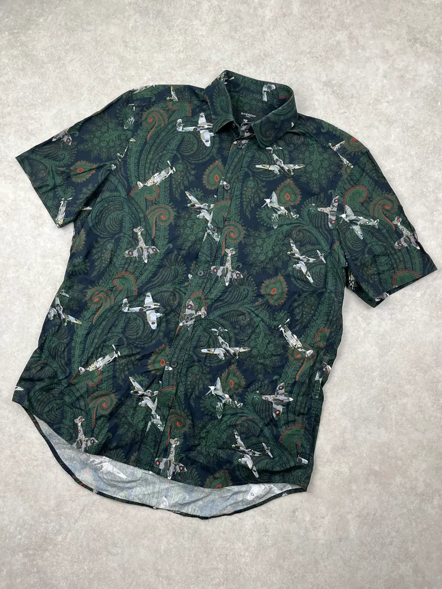 Givenchy Paisley Sky War Planes Green Short Sleeves Shirt yipsNcR 3