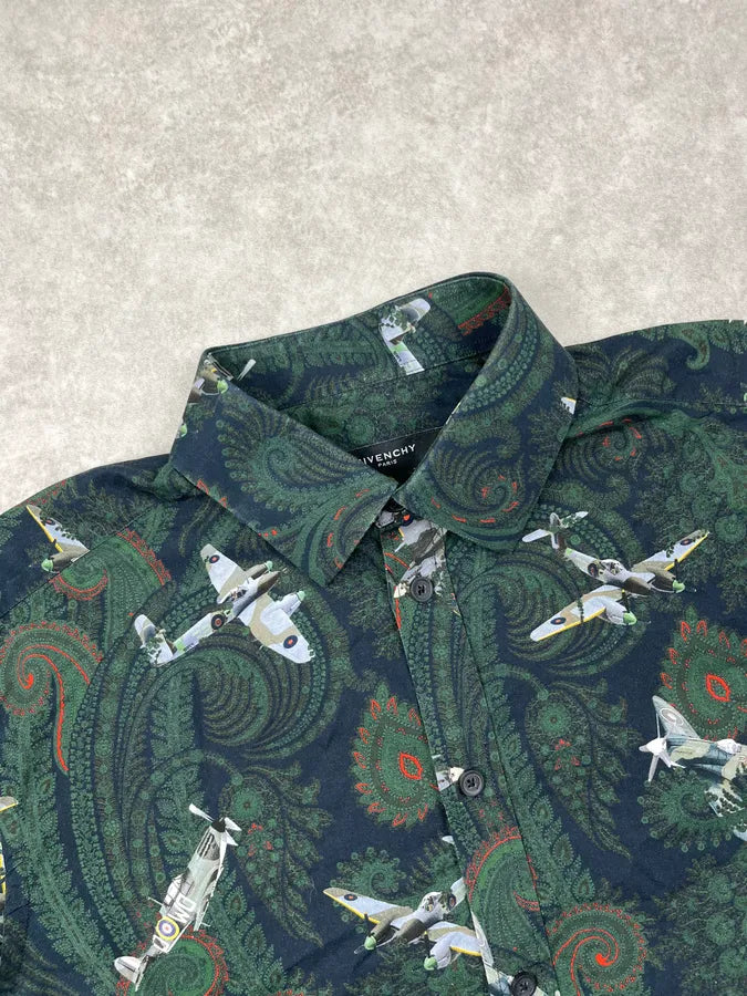 Givenchy Paisley Sky War Planes Green Short Sleeves Shirt yipsNcR 4
