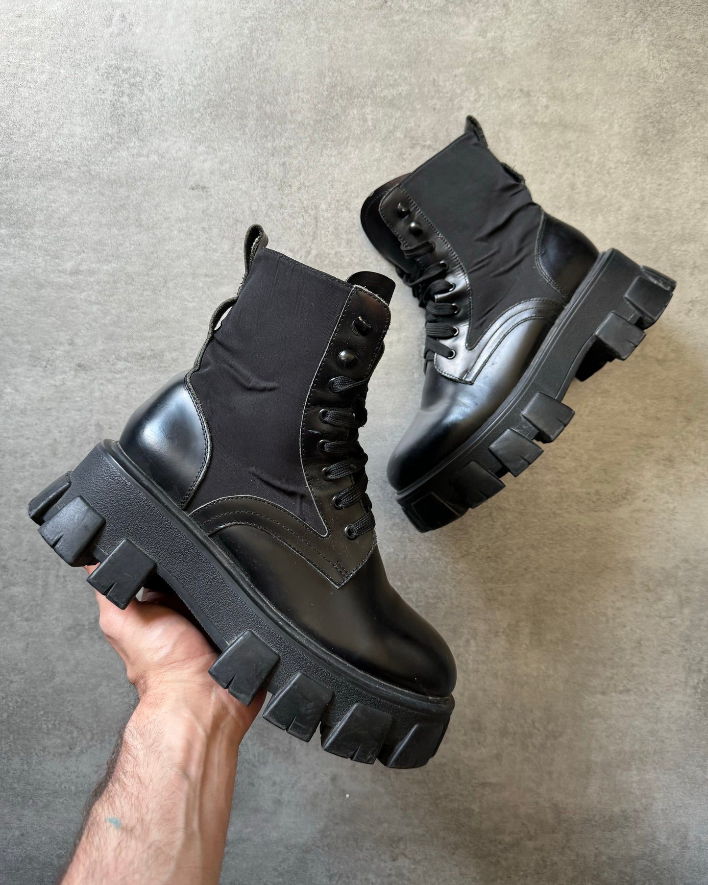 Prada Black Combat Hybrid Leather Boots (40,5) - 1