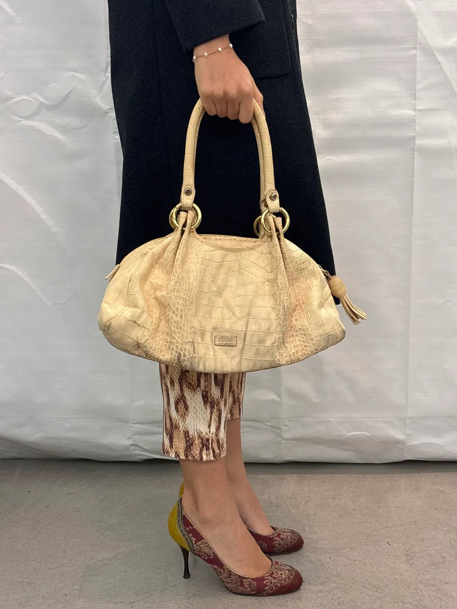 Moschino Beige Leather Croc-Embossed Handle Bag gsvrOnWA 1