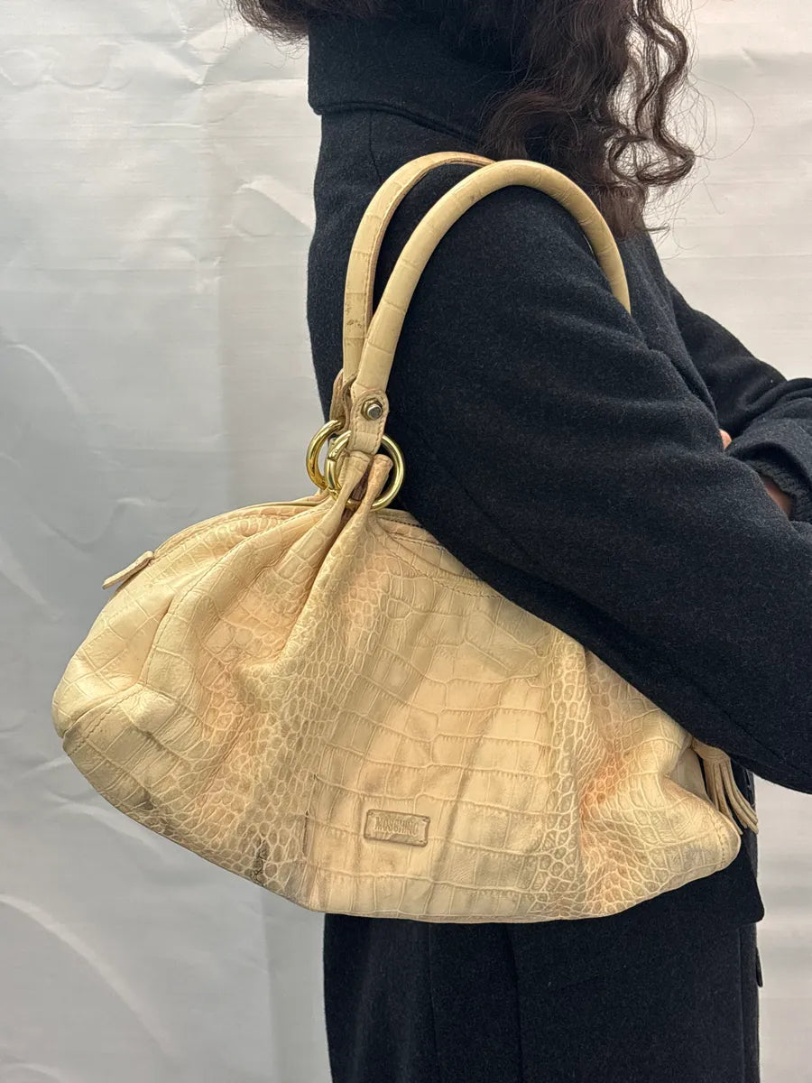 Moschino Beige Leather Croc-Embossed Handle Bag gsvrOnWA 2