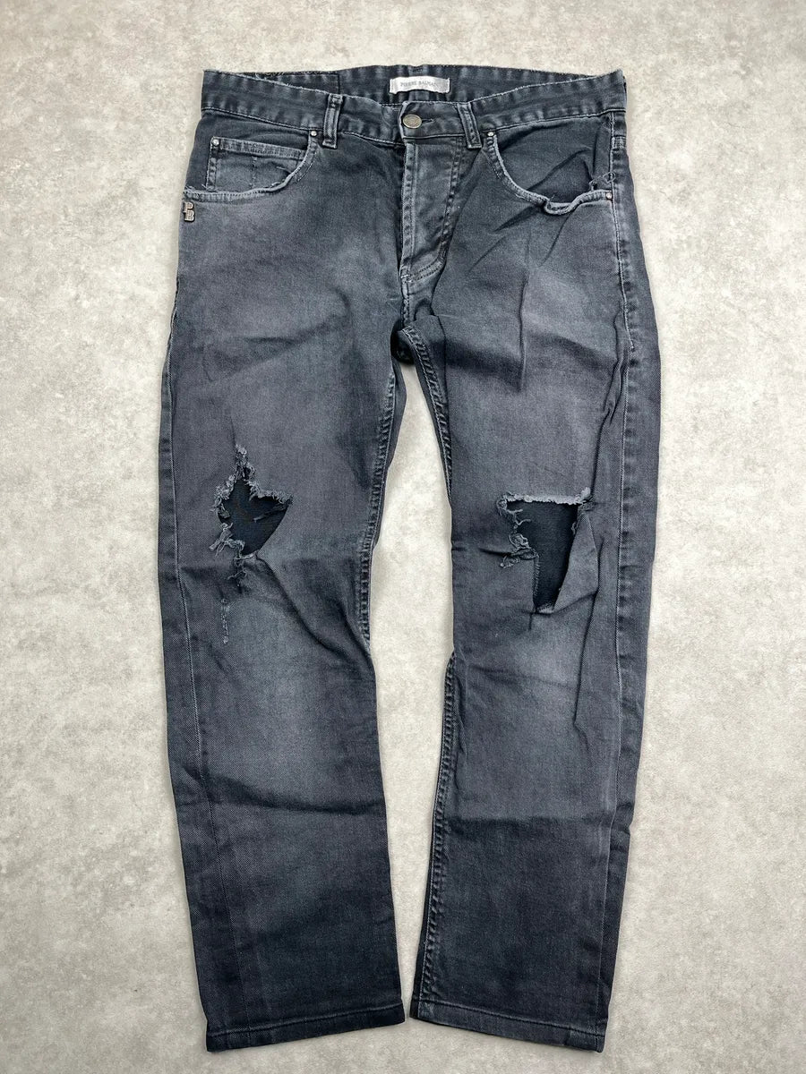 SS2012 Pierre Balmain Grey Denim Distressed Zip-Pocket Jeans gtxJKaVh 0