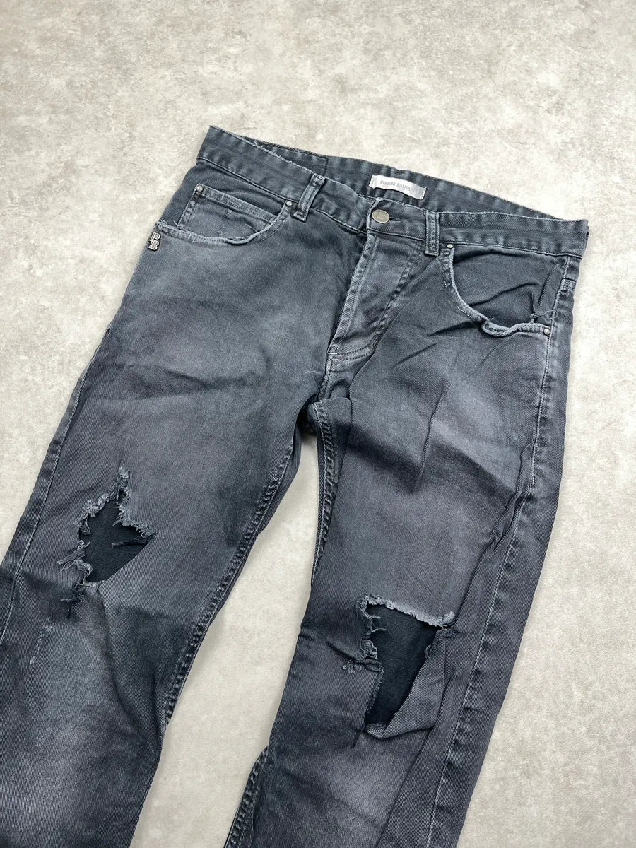 SS2012 Pierre Balmain Grey Denim Distressed Zip-Pocket Jeans gtxJKaVh 4