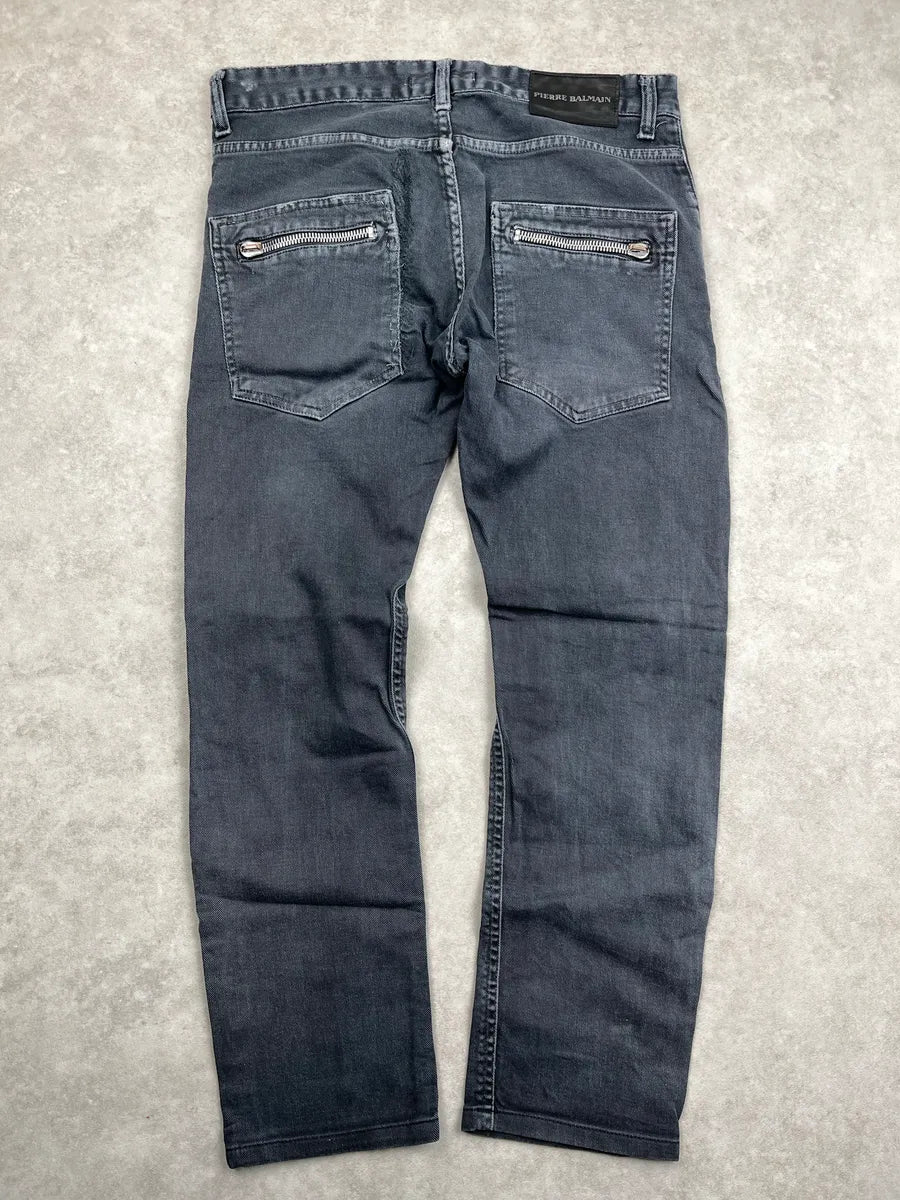 SS2012 Pierre Balmain Grey Denim Distressed Zip-Pocket Jeans gtxJKaVh 5