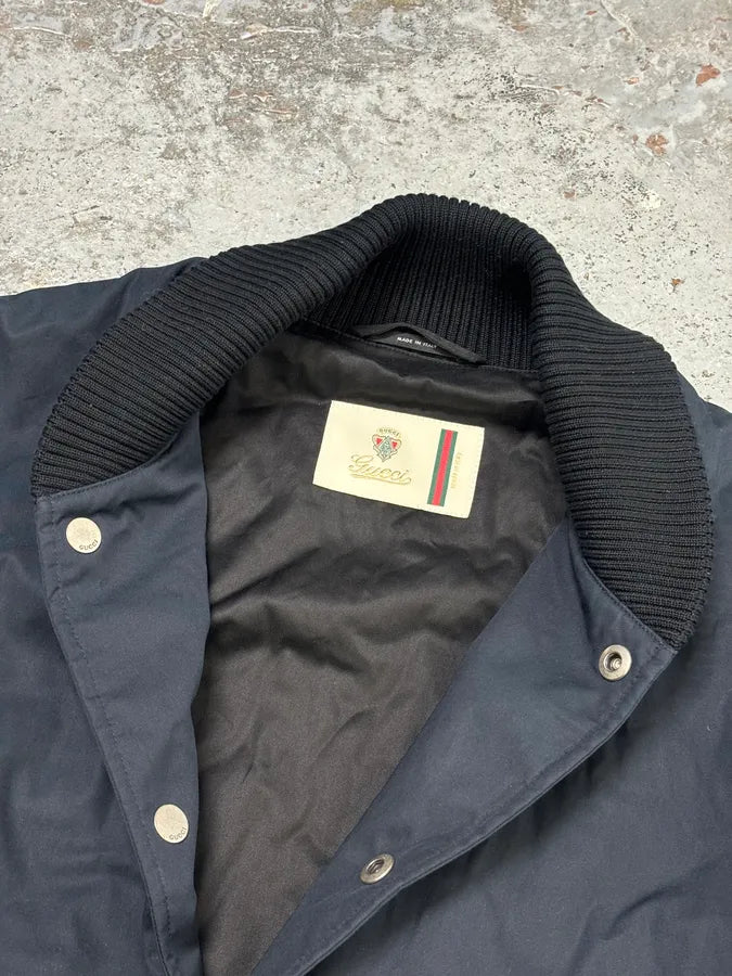 FW2010 Gucci Leather Black & Navy Varsity Bomber Jacket by Frida Giannini OpHsAiB 5
