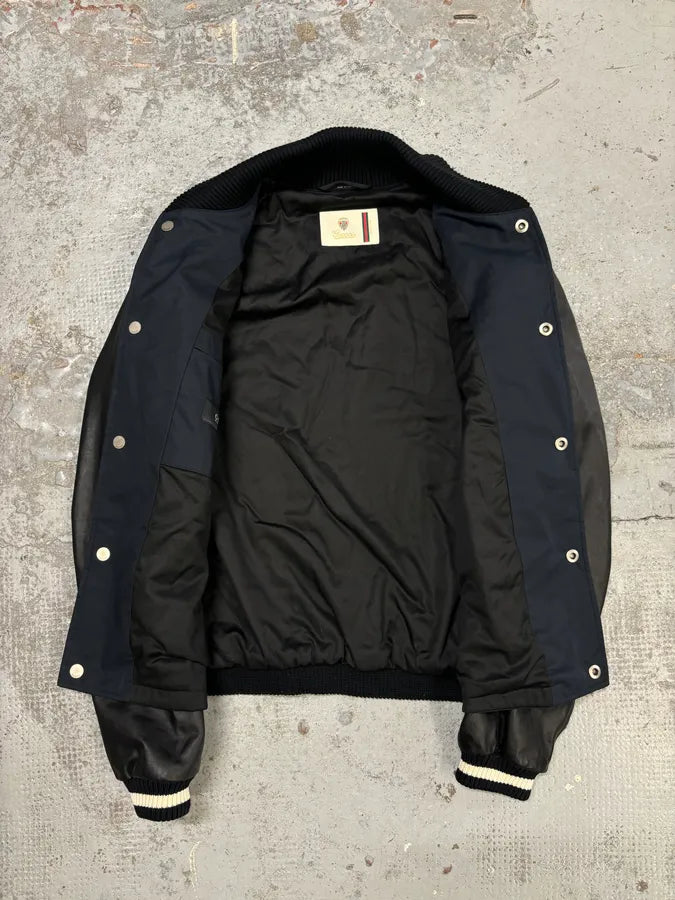 FW2010 Gucci Leather Black & Navy Varsity Bomber Jacket by Frida Giannini OpHsAiB 7