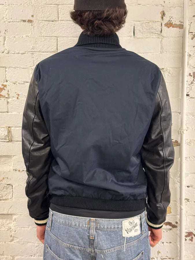 FW2010 Gucci Leather Black & Navy Varsity Bomber Jacket by Frida Giannini OpHsAiB 3