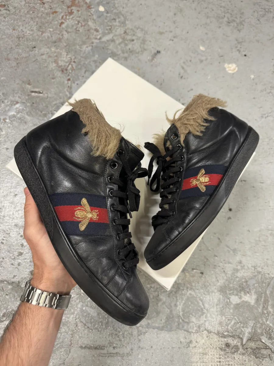 Gucci Ace Black High Fur Leather Sneakers eEjSuiL 0