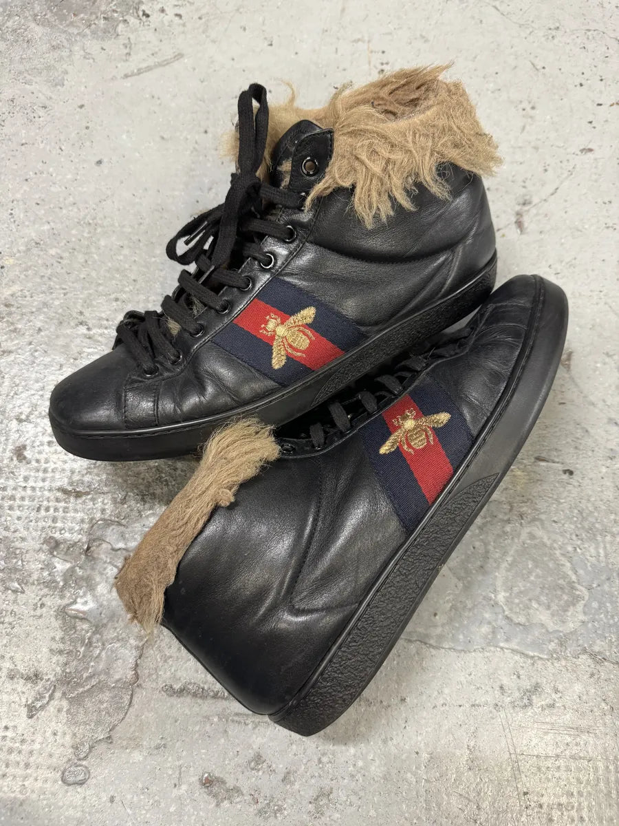 Gucci Ace Black High Fur Leather Sneakers eEjSuiL 1