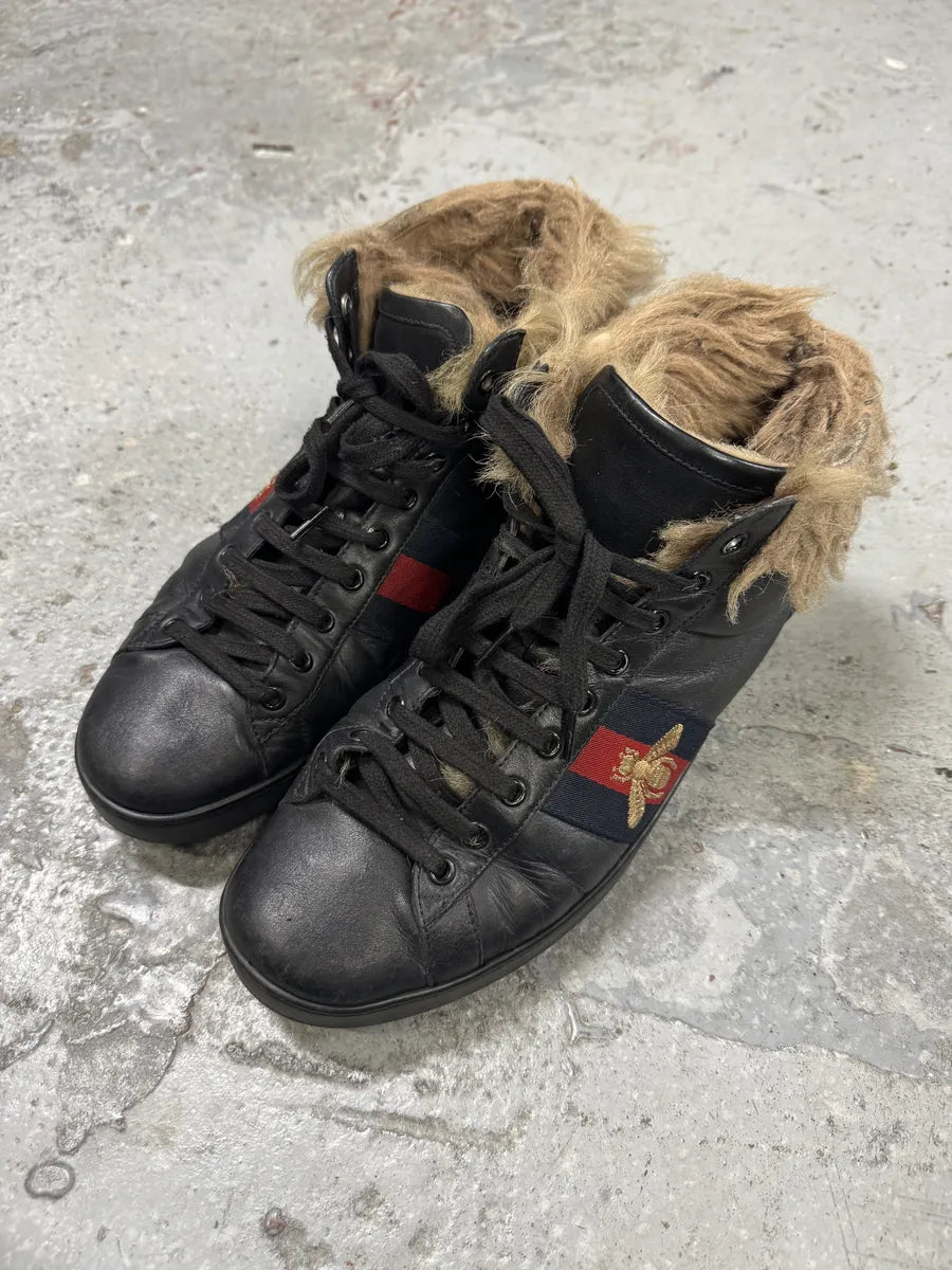 Gucci Ace Black High Fur Leather Sneakers eEjSuiL 2