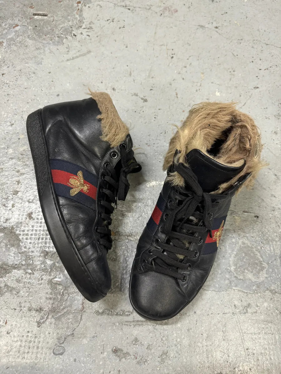 Gucci Ace Black High Fur Leather Sneakers eEjSuiL 4