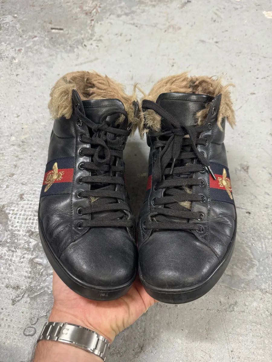 Gucci Ace Black High Fur Leather Sneakers eEjSuiL 5