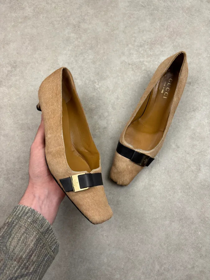 2000s Gucci Beige Pony Hair Bow Heels cvIhTnP 0