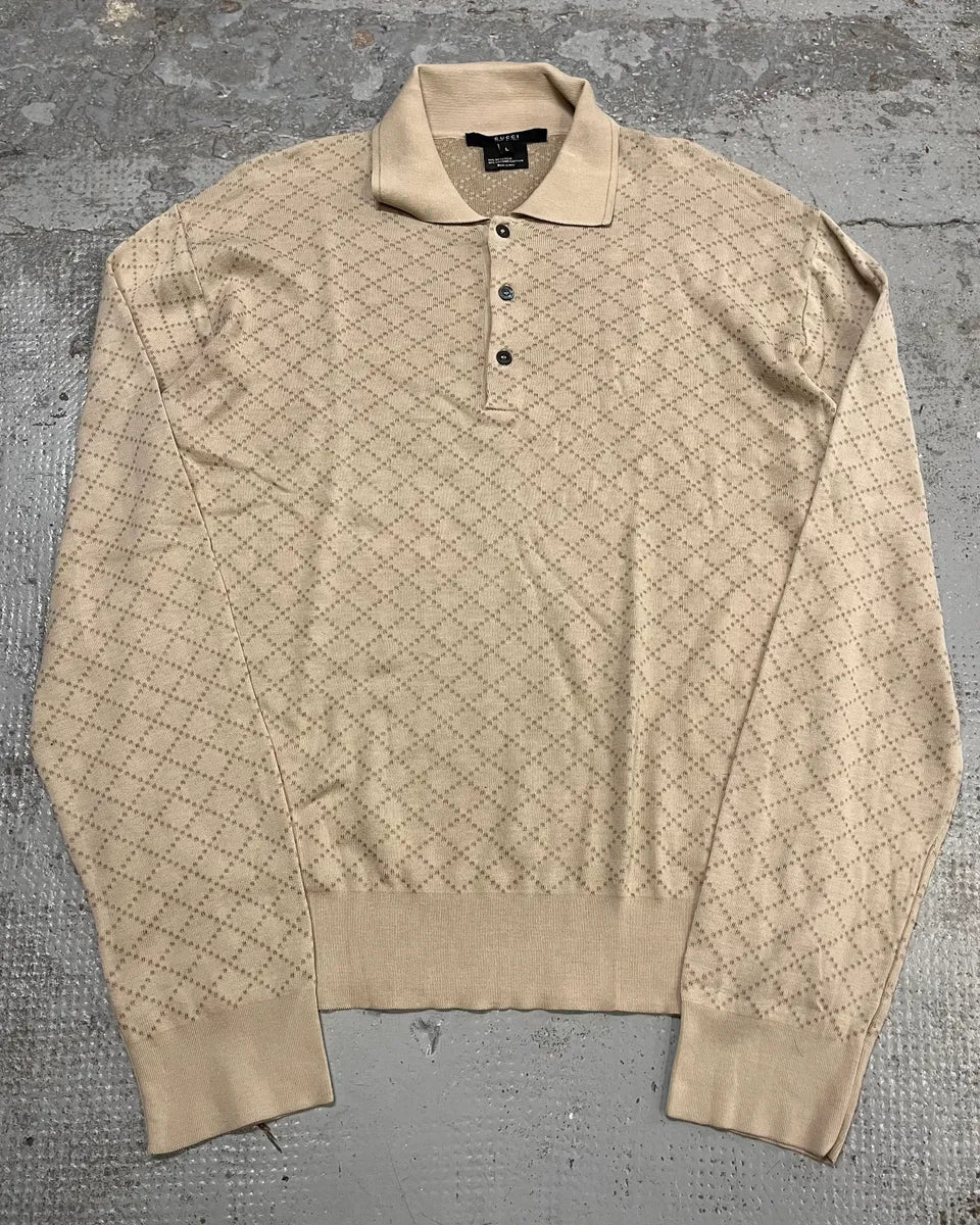 Gucci Beige Jacquard Longsleeve Polo Sweater etsjpvC 0