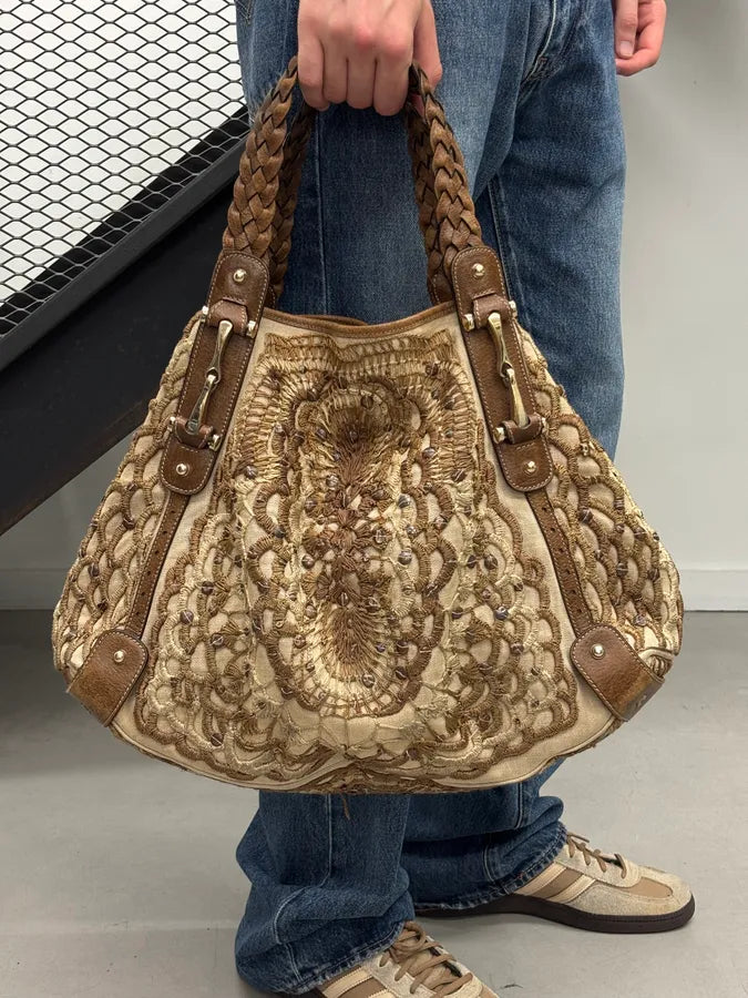 2000s Gucci Beige Leather Linen Embroidered Studded Handle Bag yFmgpEE 2