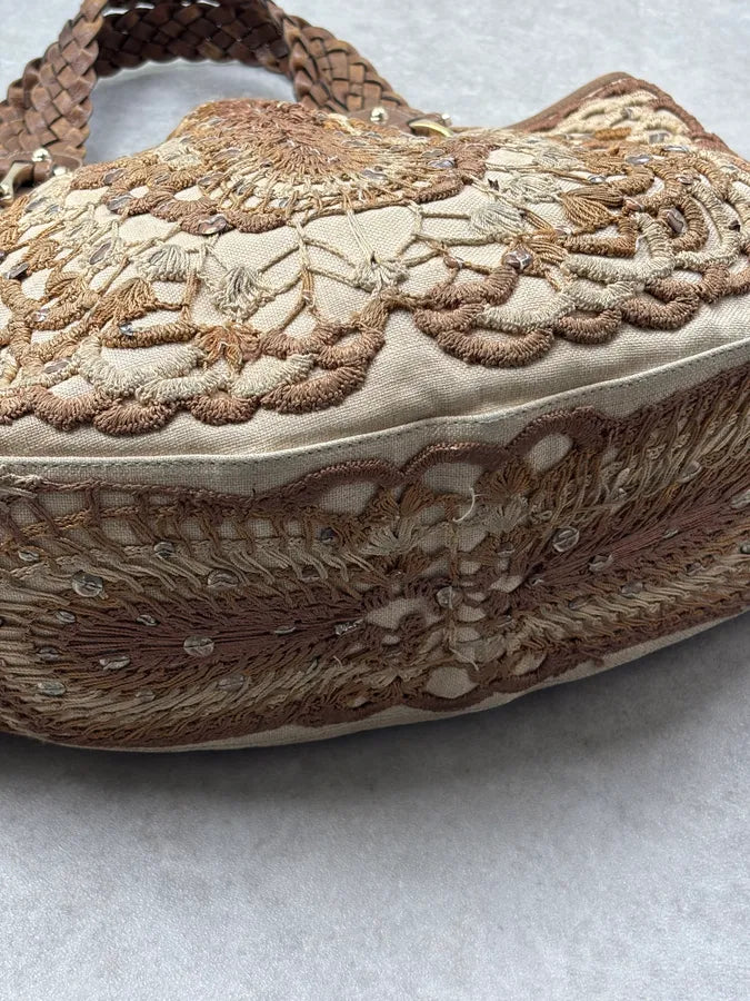 2000s Gucci Beige Leather Linen Embroidered Studded Handle Bag yFmgpEE 13