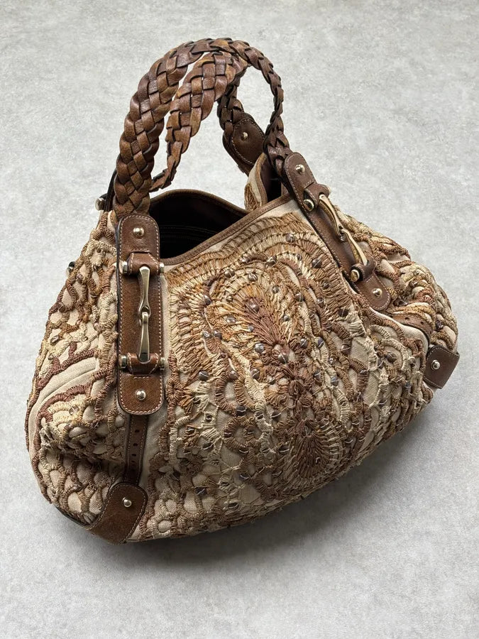 2000s Gucci Beige Leather Linen Embroidered Studded Handle Bag yFmgpEE 1