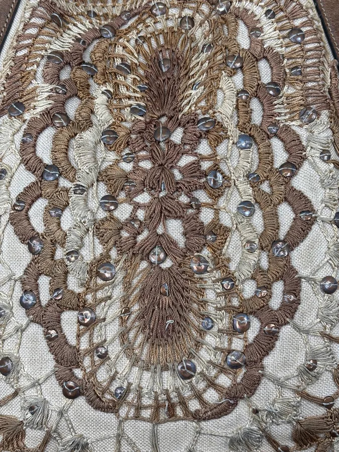 2000s Gucci Beige Leather Linen Embroidered Studded Handle Bag yFmgpEE 16
