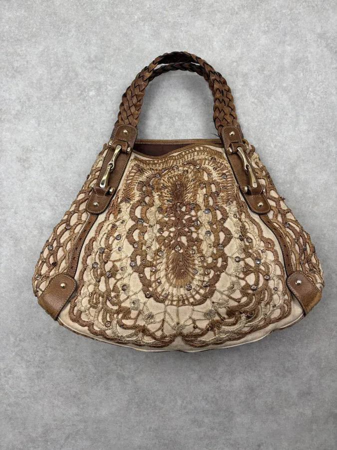 2000s Gucci Beige Leather Linen Embroidered Studded Handle Bag yFmgpEE 0