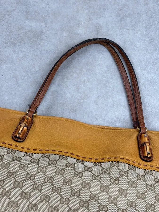 2000s Gucci Beige Mustard GG Laidback Crafy Canvas Leather Tote Bag zEkAQKd 13