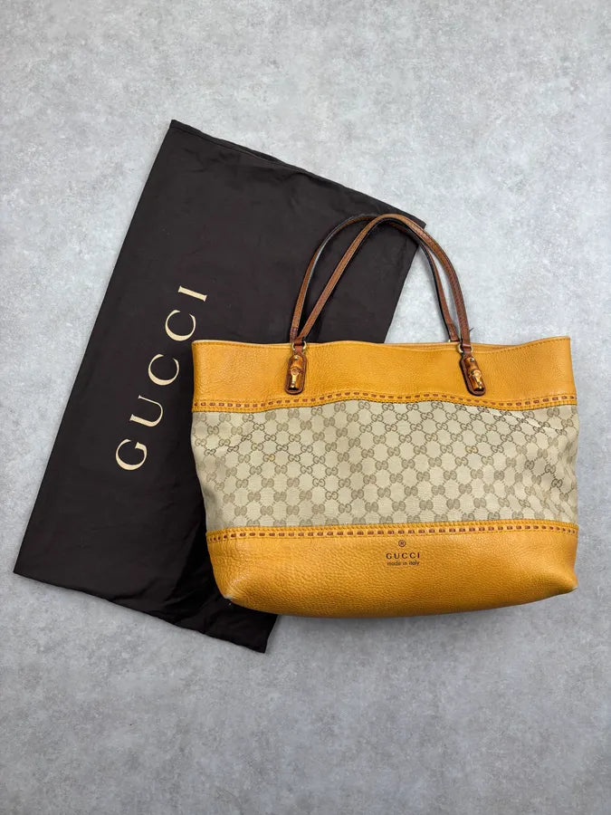 2000s Gucci Beige Mustard GG Laidback Crafy Canvas Leather Tote Bag zEkAQKd 3