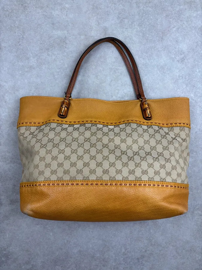 2000s Gucci Beige Mustard GG Laidback Crafy Canvas Leather Tote Bag zEkAQKd 16