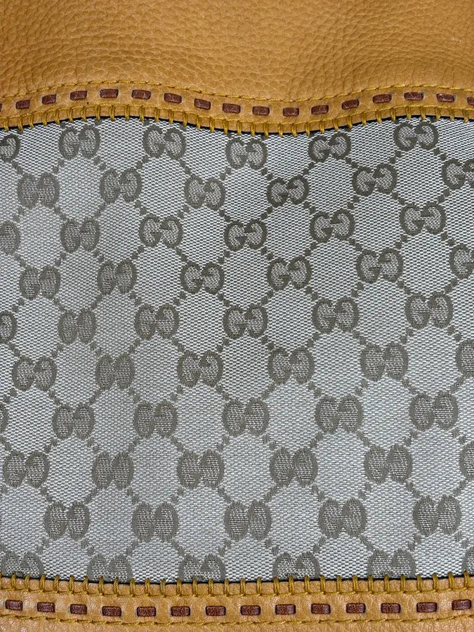 2000s Gucci Beige Mustard GG Laidback Crafy Canvas Leather Tote Bag zEkAQKd 8