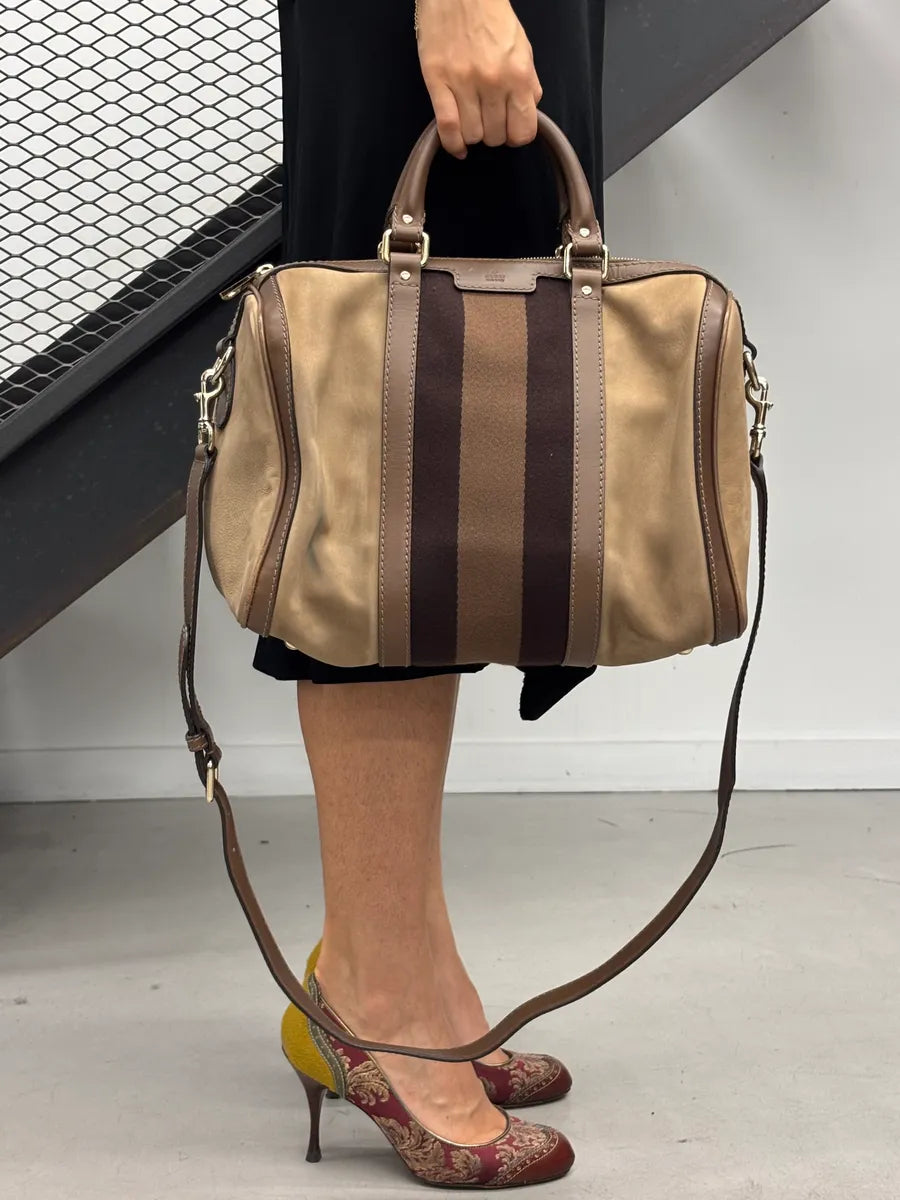 Gucci Beige Suede Striped Handle Boston Bag MGqERQU 0