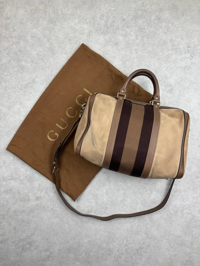 Gucci Beige Suede Striped Handle Boston Bag MGqERQU 3