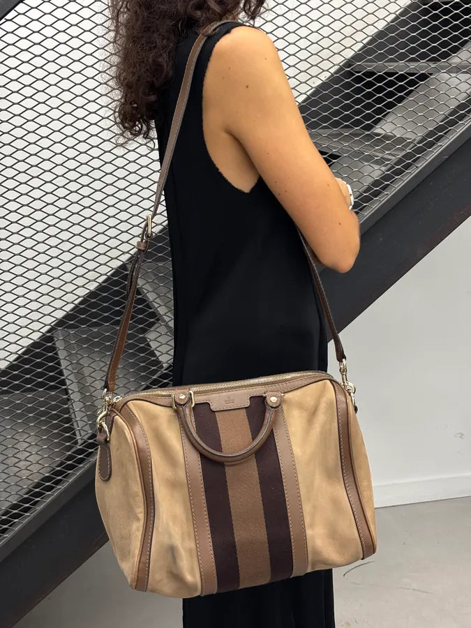 Gucci Beige Suede Striped Handle Boston Bag MGqERQU 2