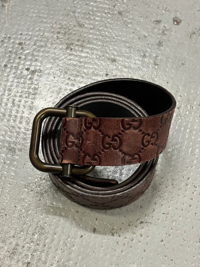 2000s Gucci Monogram Brown Leather Belt vWaMxTR 1