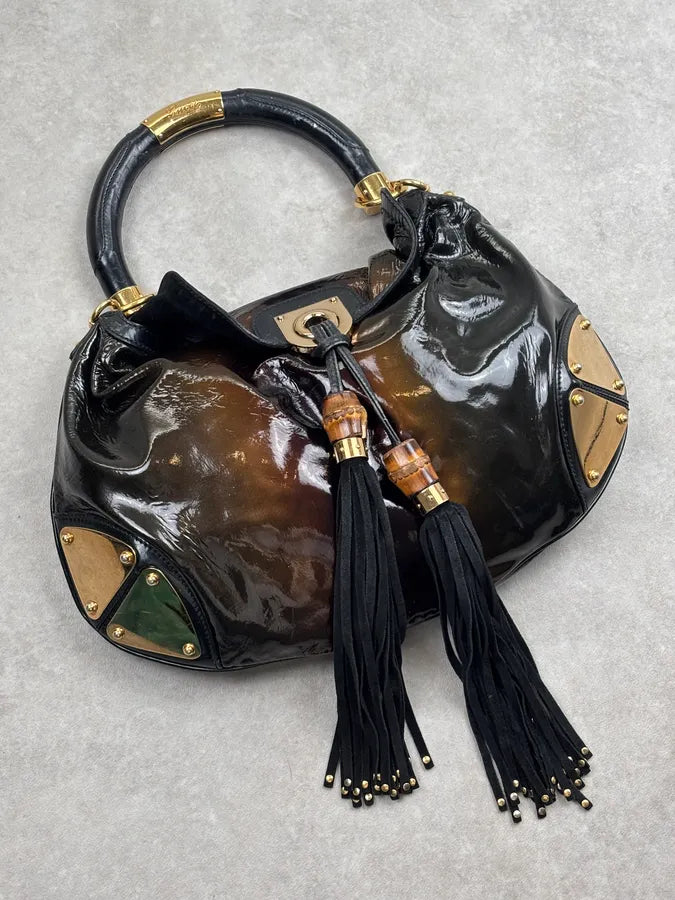 AW2008 Gucci Black & Burgundy Patent Leather Indy Shoulder Bag by Frida Giannini KvuwYpX 8