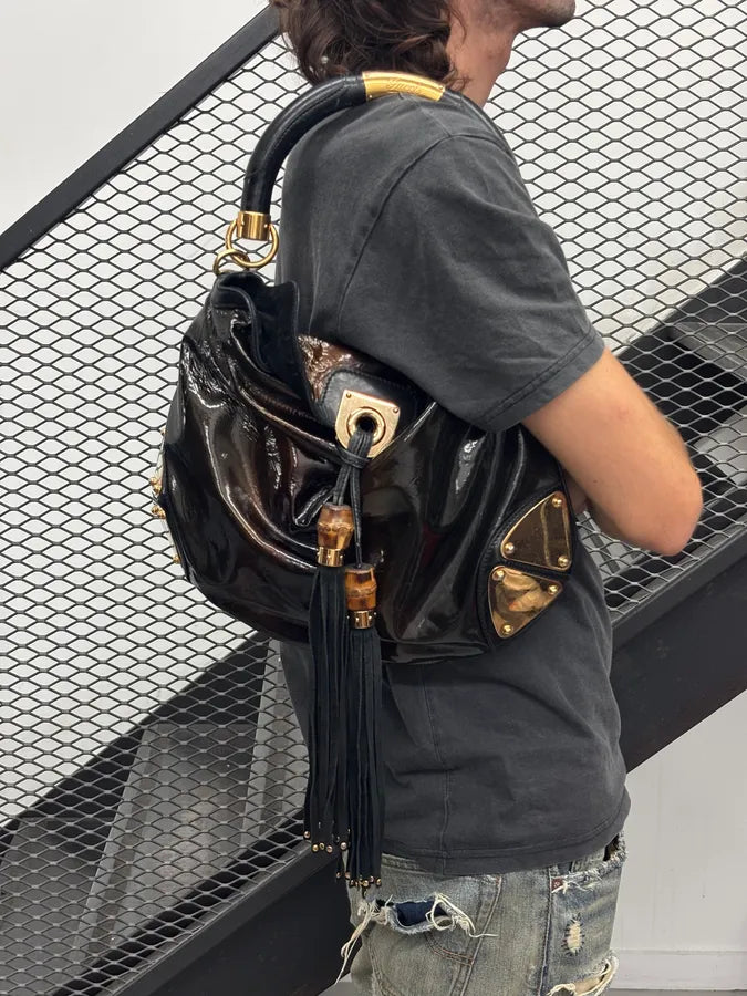 AW2008 Gucci Black & Burgundy Patent Leather Indy Shoulder Bag by Frida Giannini KvuwYpX 2
