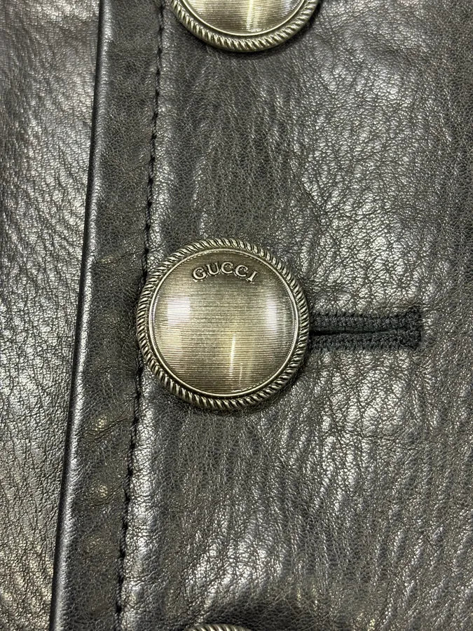 Gucci Black Asymmetrical Black Buttoned Premium Leather Jacket PIbnkIV 8