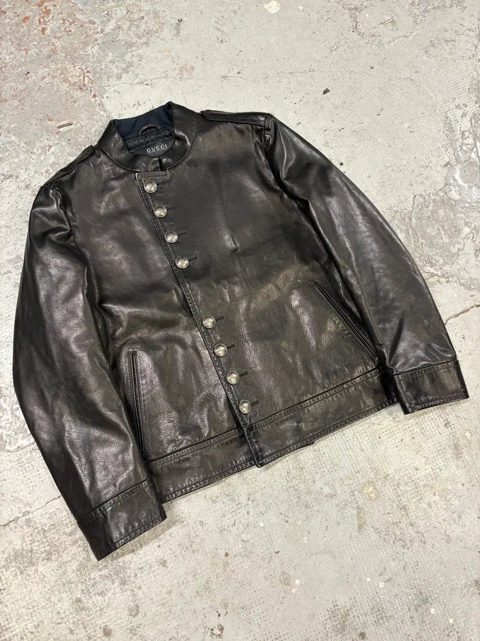 Gucci Black Asymmetrical Black Buttoned Premium Leather Jacket PIbnkIV 3