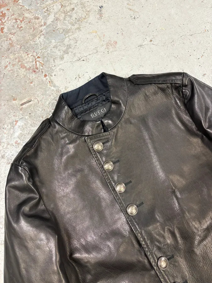 Gucci Black Asymmetrical Black Buttoned Premium Leather Jacket PIbnkIV 4