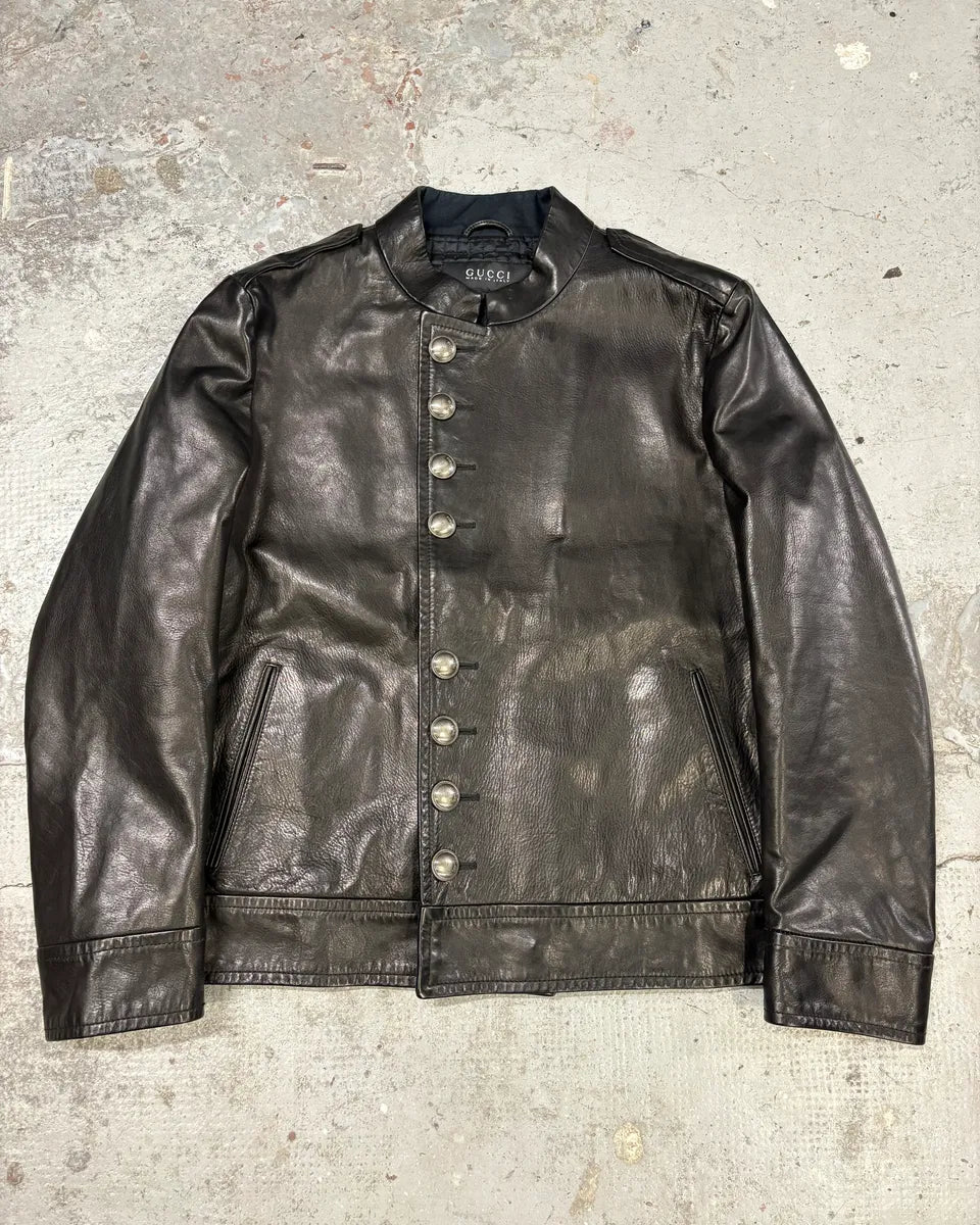 Gucci Black Asymmetrical Black Buttoned Premium Leather Jacket PIbnkIV 0
