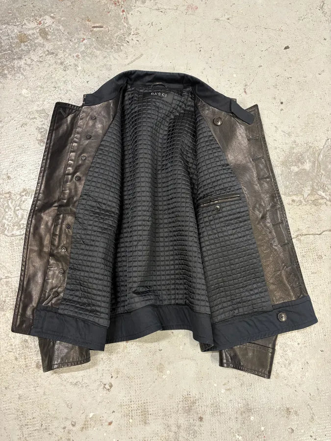Gucci Black Asymmetrical Black Buttoned Premium Leather Jacket PIbnkIV 7