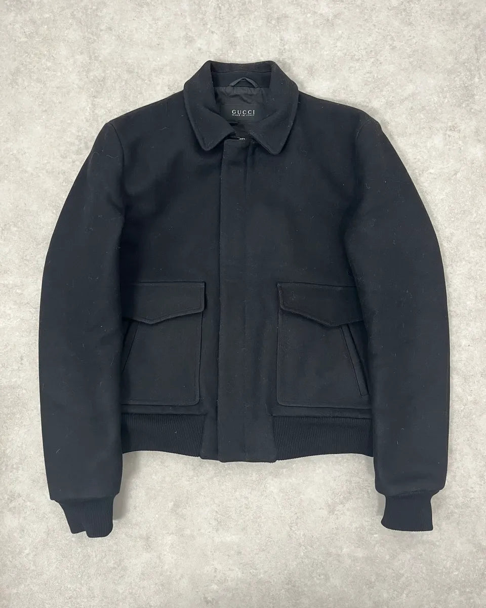 AW2014 Gucci Black Wool Bomber Jacket JaNwSOV 0